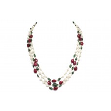 Beautiful 3 line Natural oval ruby emerald pearl stone 18 K Gold wire Necklace